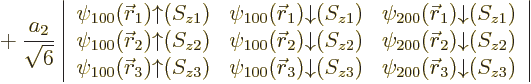 $\displaystyle {} +
\frac{a_2}{\sqrt{6}}
\left\vert
\begin{array}{ccc}
\psi_{100...
...{z3}) &
\psi_{200}({\skew0\vec r}_3){\downarrow}(S_{z3})
\end{array}\right\vert$