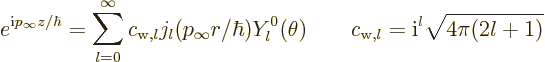 \begin{displaymath}
e^{{\rm i}p_\infty z/\hbar}
= \sum_{l=0}^\infty c_{{\rm {w...
...\theta)
\qquad
c_{{\rm {w}},l} = {\rm i}^l \sqrt{4\pi(2l+1)}
\end{displaymath}