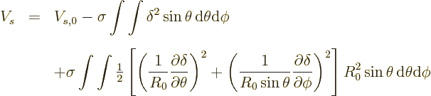 \begin{eqnarray*}
V_s &=& V_{s,0} - \sigma \int\int \delta^2 \sin\theta{\,\rm d...
...i}\right)^2
\right]
R_0^2 \sin\theta{\,\rm d}\theta{\rm d}\phi
\end{eqnarray*}
